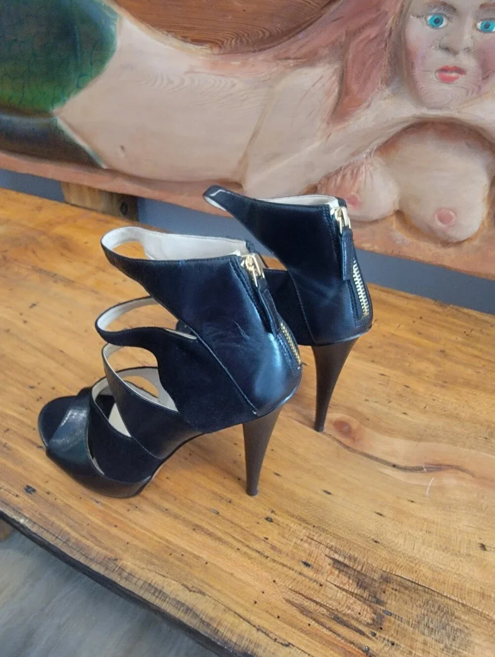 Nine West Sz 8 Black Faux Leather & Suede Stappy Peep Toe 4